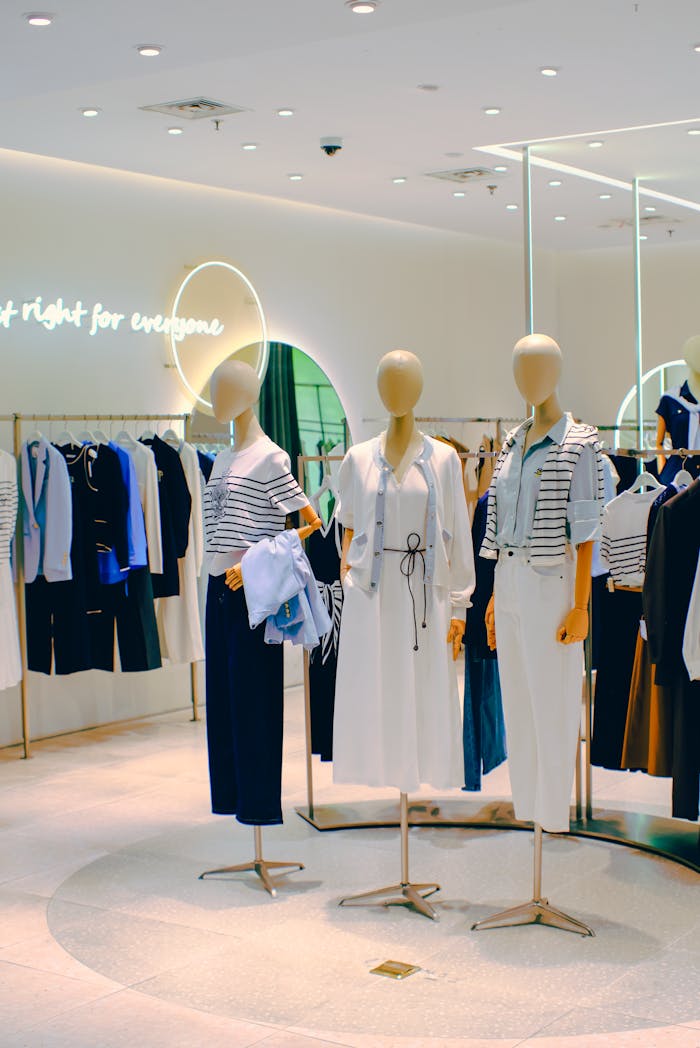 Chic clothing store interior with stylish mannequins. Elegant fashion display for retail inspiration.